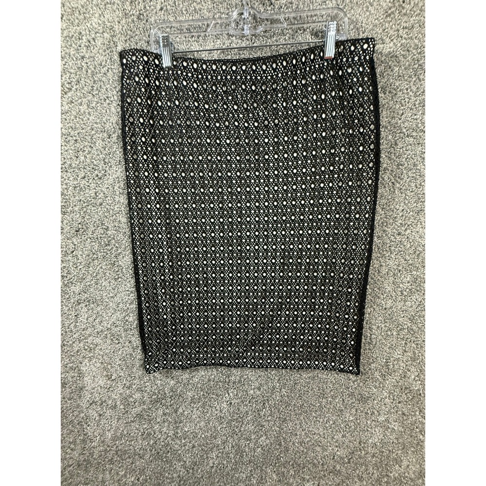 Vince Camuto Womens XL Black Crochet Lace Pencil Skirt White Lining Eyelet Knee